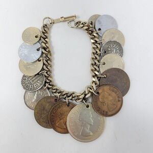 Vintage International Coin Charm Bracelet 6 Inch Queen Elizabeth II Groschen